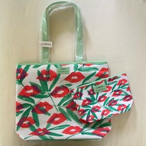 Clinique “Drawbertson” Red & Green Lips Print Tote & Cosmetic bag